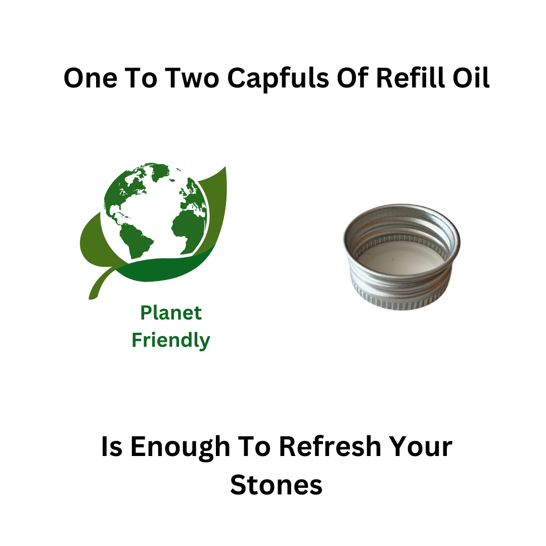 Essential Oil Aromatherapy Snore Stones Gift Set picture of metal cap and image of the globe in green leaf with the text "planet friendly" and text which reads "One to Two Capfuls of Refill Oil is enough to refresh your snore stones".