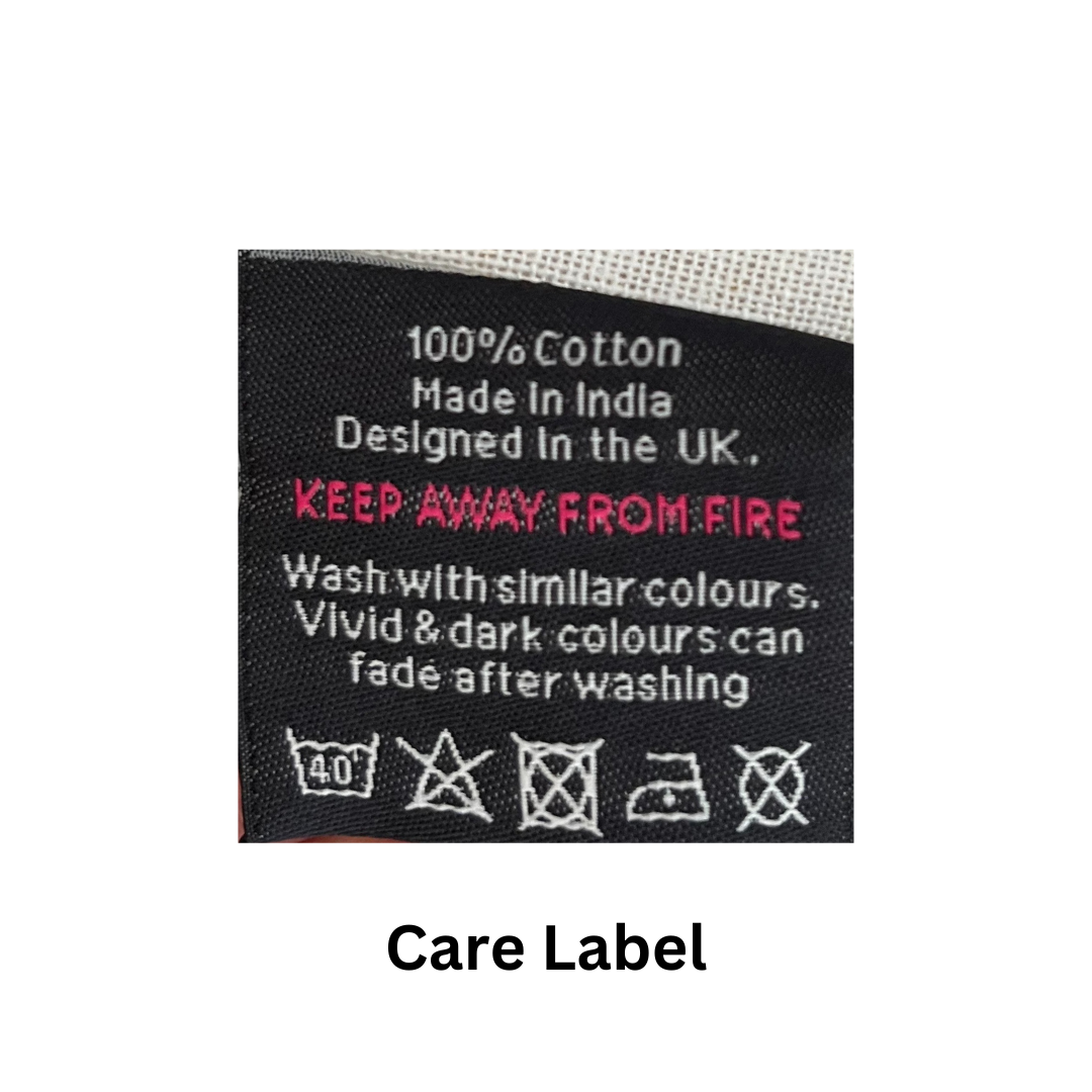 100% Cotton Sage Green Dog Tea Towel Care Instructions on a white background stating a washing and care directions on a white background with the words "care label" underneath.  