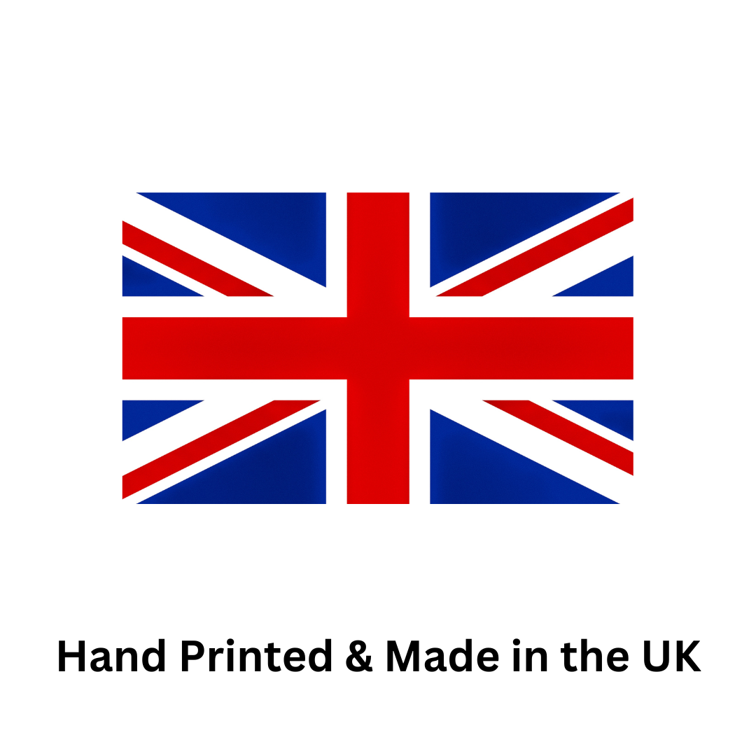 Union Jack flag on white background with text "hand printed & made in the UK" referring to our AGA Chef's Pads