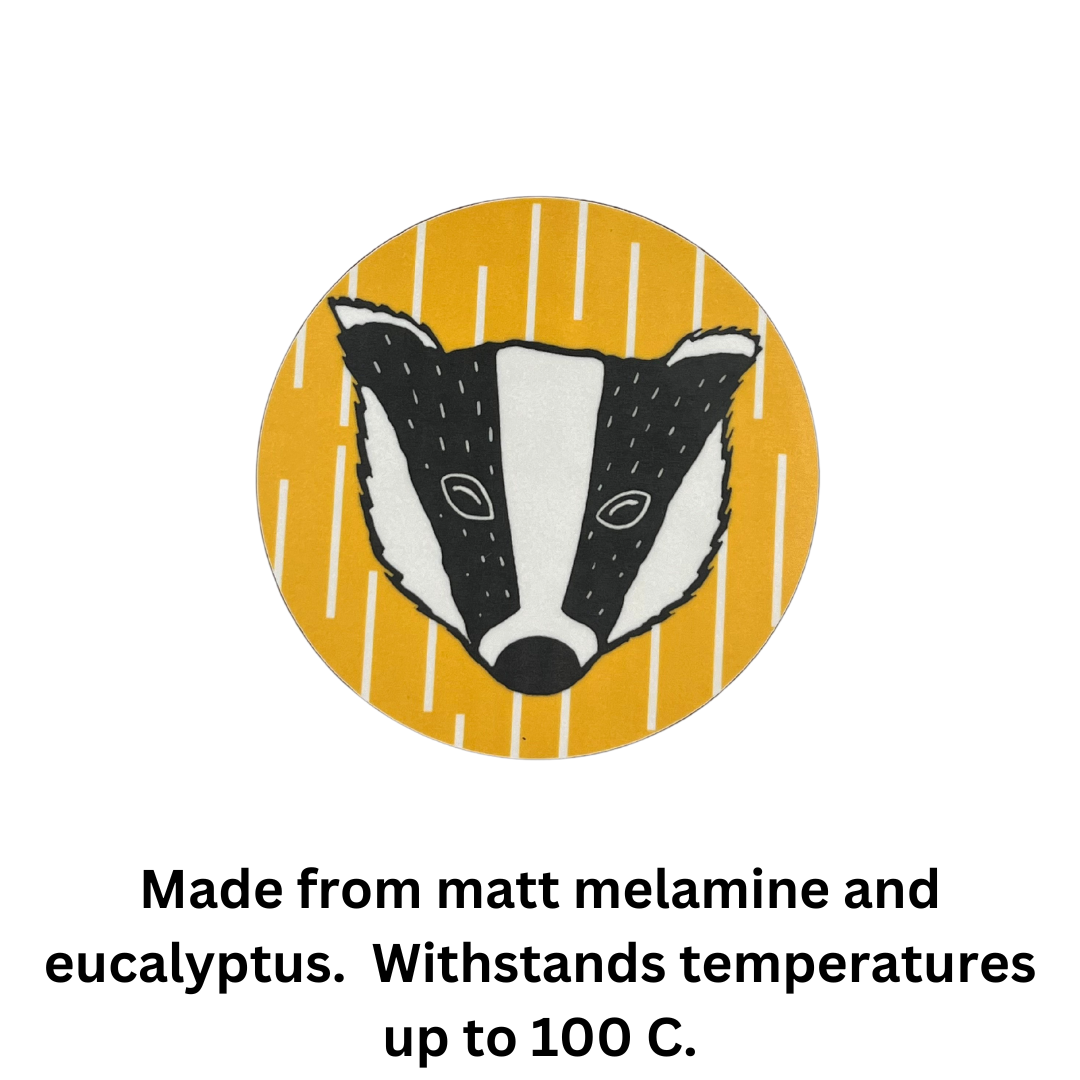 Melamine Yellow Badger Coaster (Round) on white background with text which says "made from matt melamine and eucalyptus.  Withstands temperatures up to 100 C.  