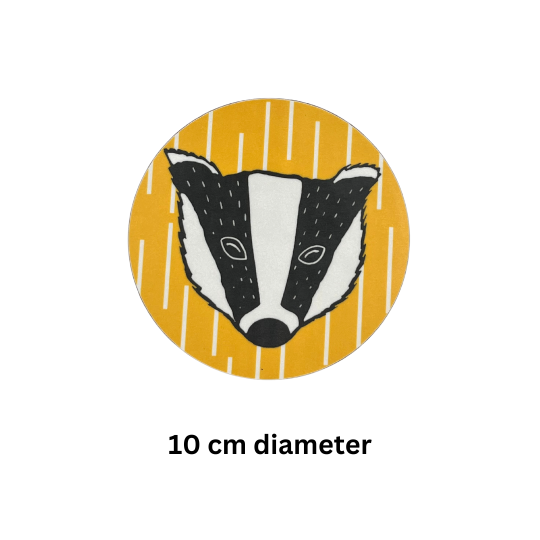 Melamine Yellow Badger Coaster (Round) on white background with text which says "10 cm diameter"