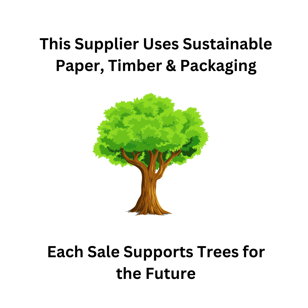 Picture of a tree on a white background with the text "This supplier uses sustainable paper, timber & packaging.  Each sale supports Trees for the Future"