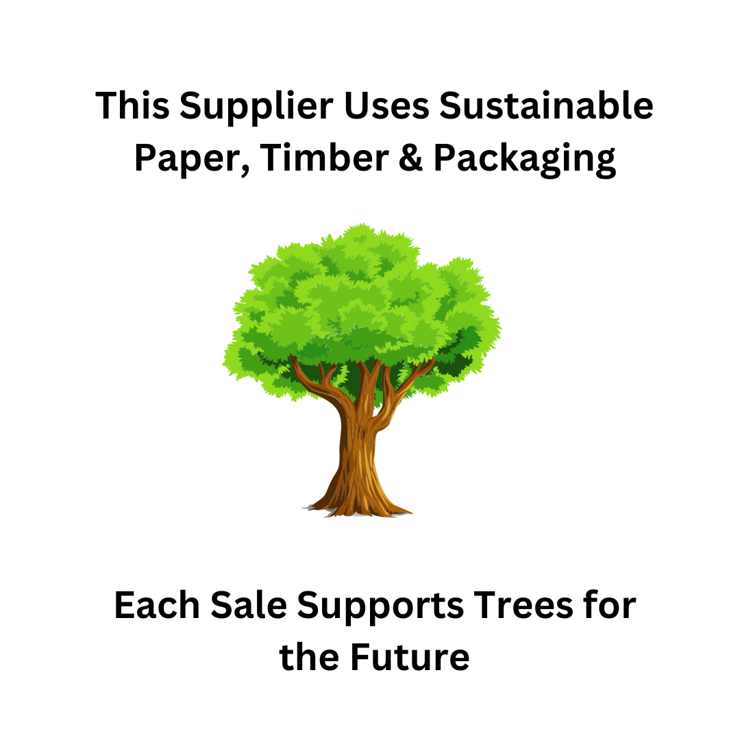 Picture of a tree on white background with the words "This supplier uses sustainable paper, timber & packaging.  Each sale supports Trees for the Future".