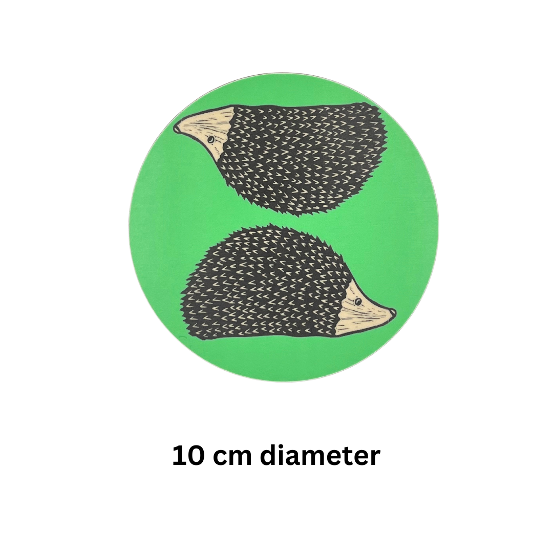 Melamine Green Hedgehog Coaster (Round) on white background with text "10 cm diameter".