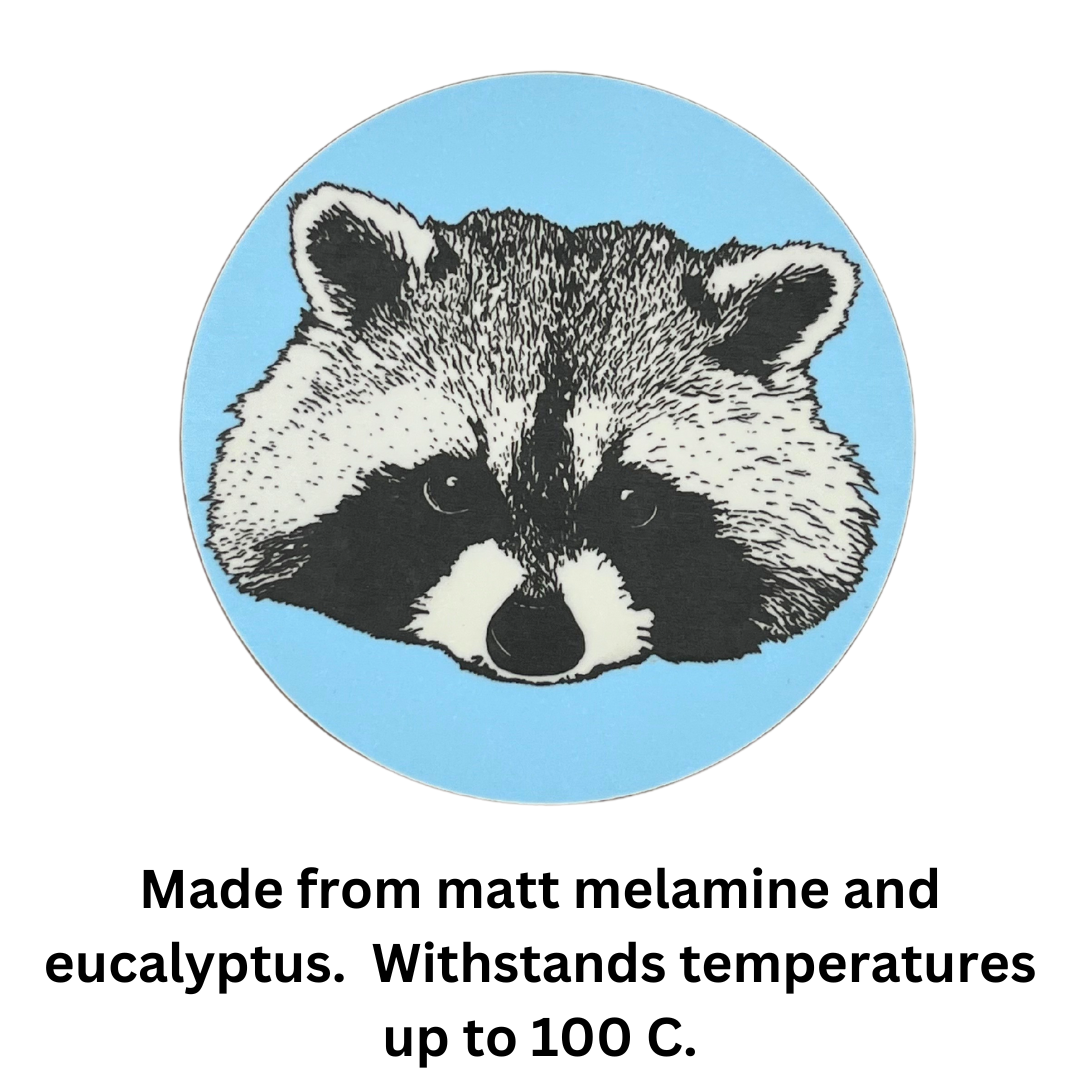 Melamine Blue Racoon Coaster (Round) on white background with text which says "Made from matt melamine and eucalyptus.  Withstands temperatures up to 100 C.