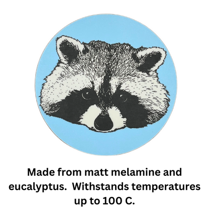 Melamine Blue Racoon Coaster (round) - British Made - Quirky Detail
