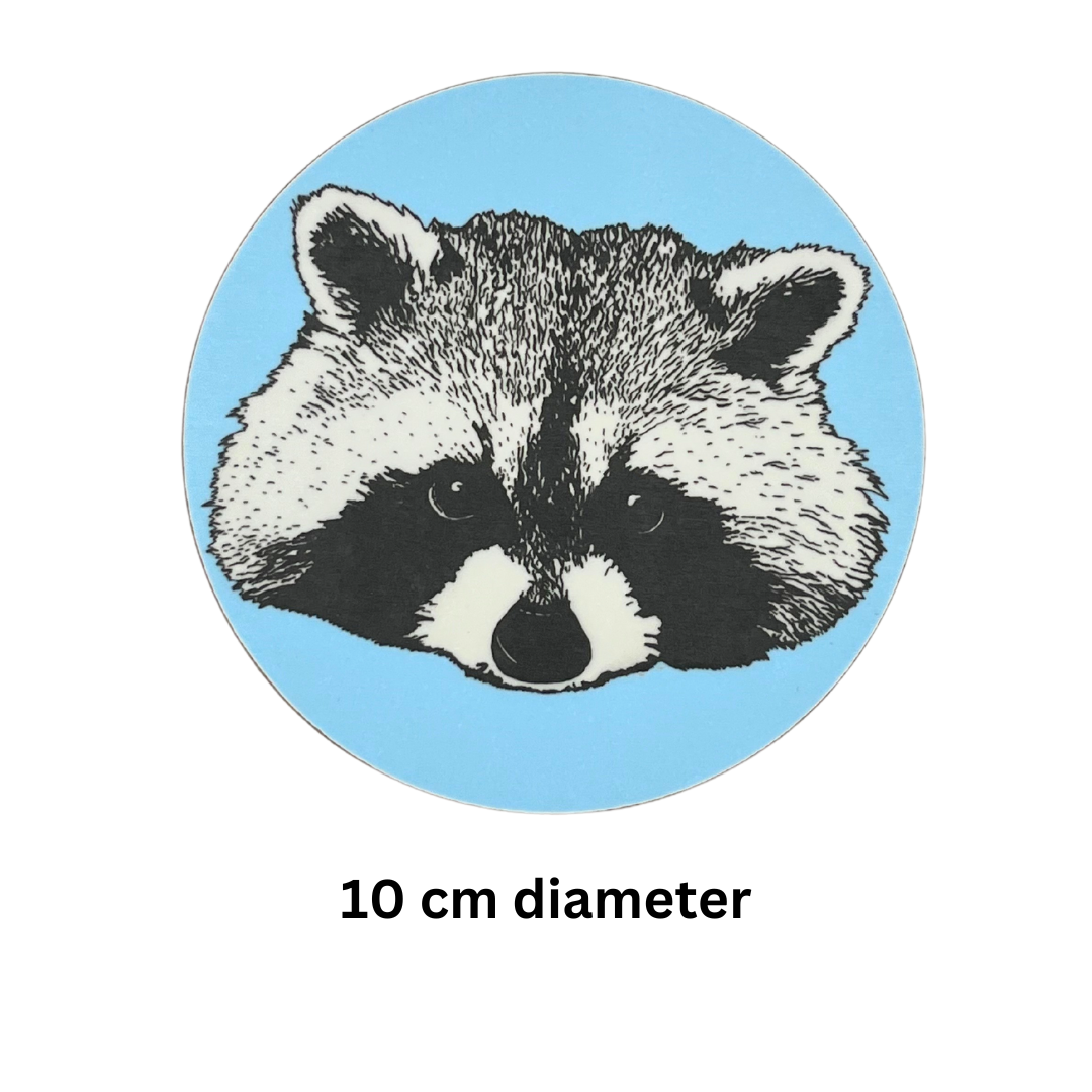 Melamine Blue Racoon Coaster (Round) on white background with text which says "10 cm diameter".