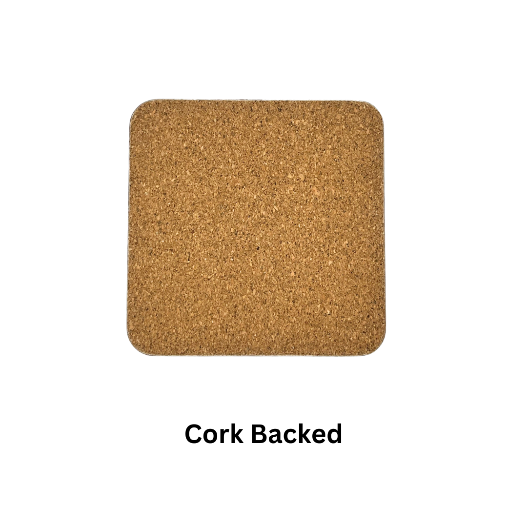 Forth Bridges, Scotland, Coasters (Set of 2) reverse of Coaster on white background with text which reads "Cork Backed".