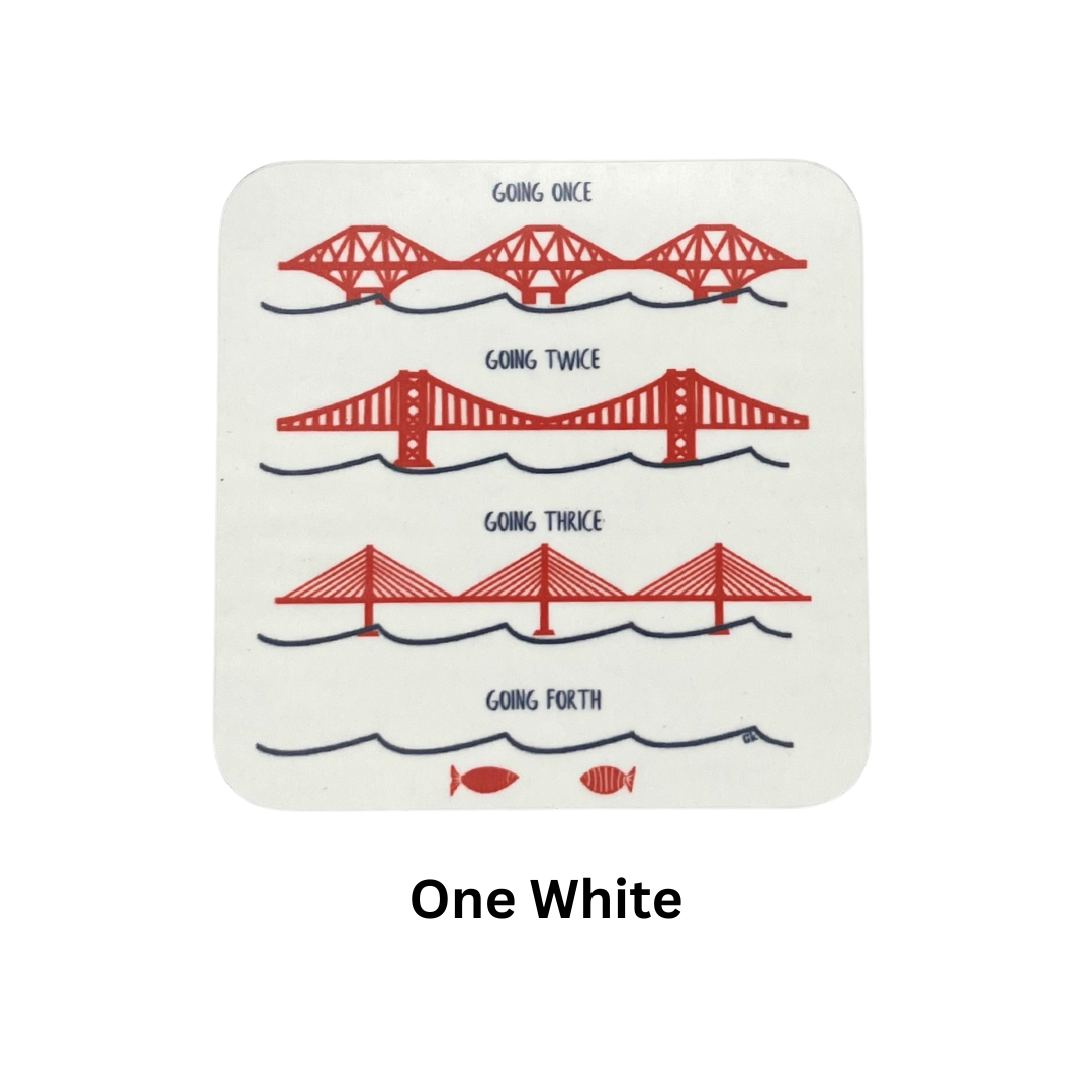 Forth Bridges, Scotland, Coasters (Set of 2) white coaster on white background with text which reads "One White"