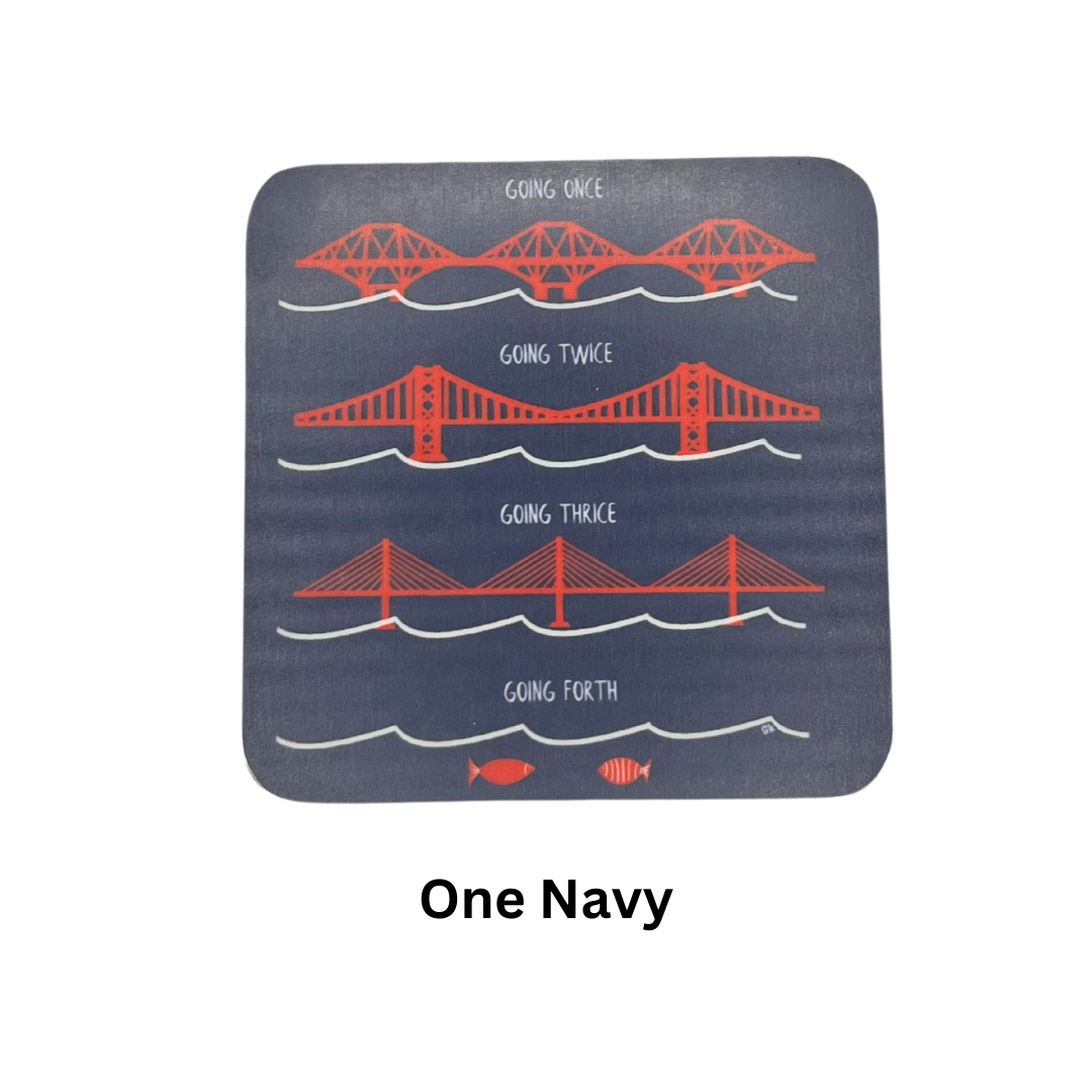 Forth Bridges, Scotland, Coasters (Set of 2), Navy blue coaster on white background with text which reads "One Navy".