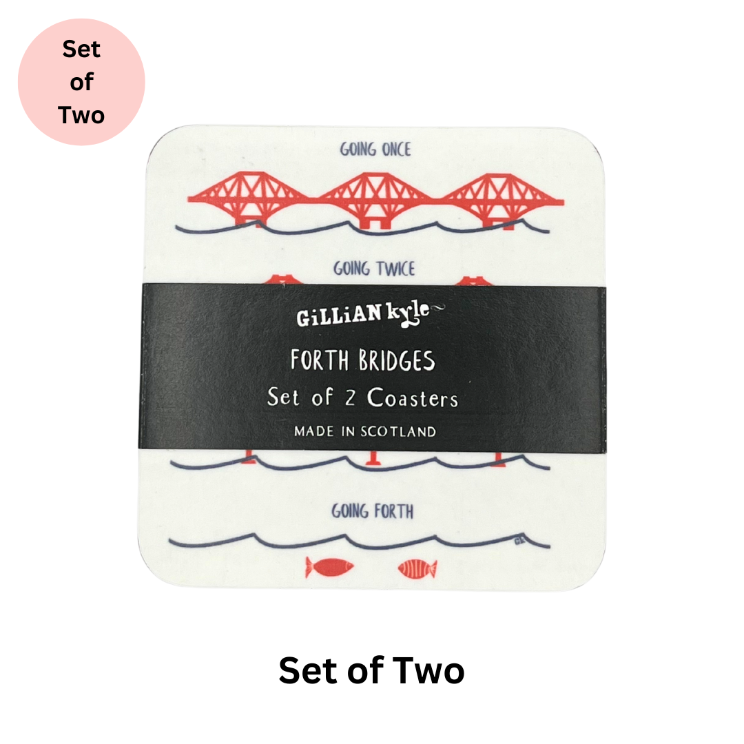 Forth Bridges, Scotland, Coasters (Set of 2) packaged in paper sleeve on white background with pink disc containing the text "Set of Two".