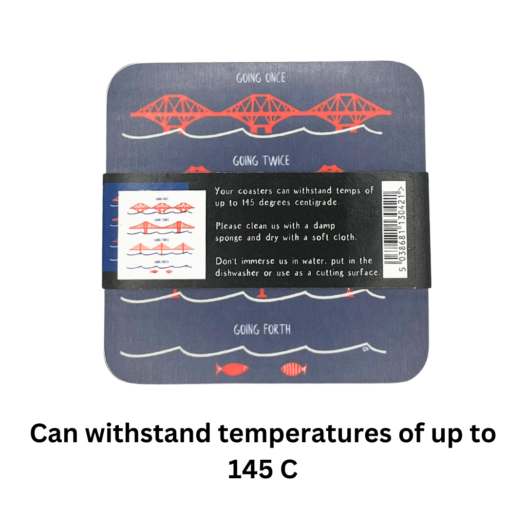 Forth Bridges, Scotland, Coasters (Set of 2) packed in paper sleeve, back of packaging, on  white background with text which reads "Can withstand temperatures of up to 145 C".