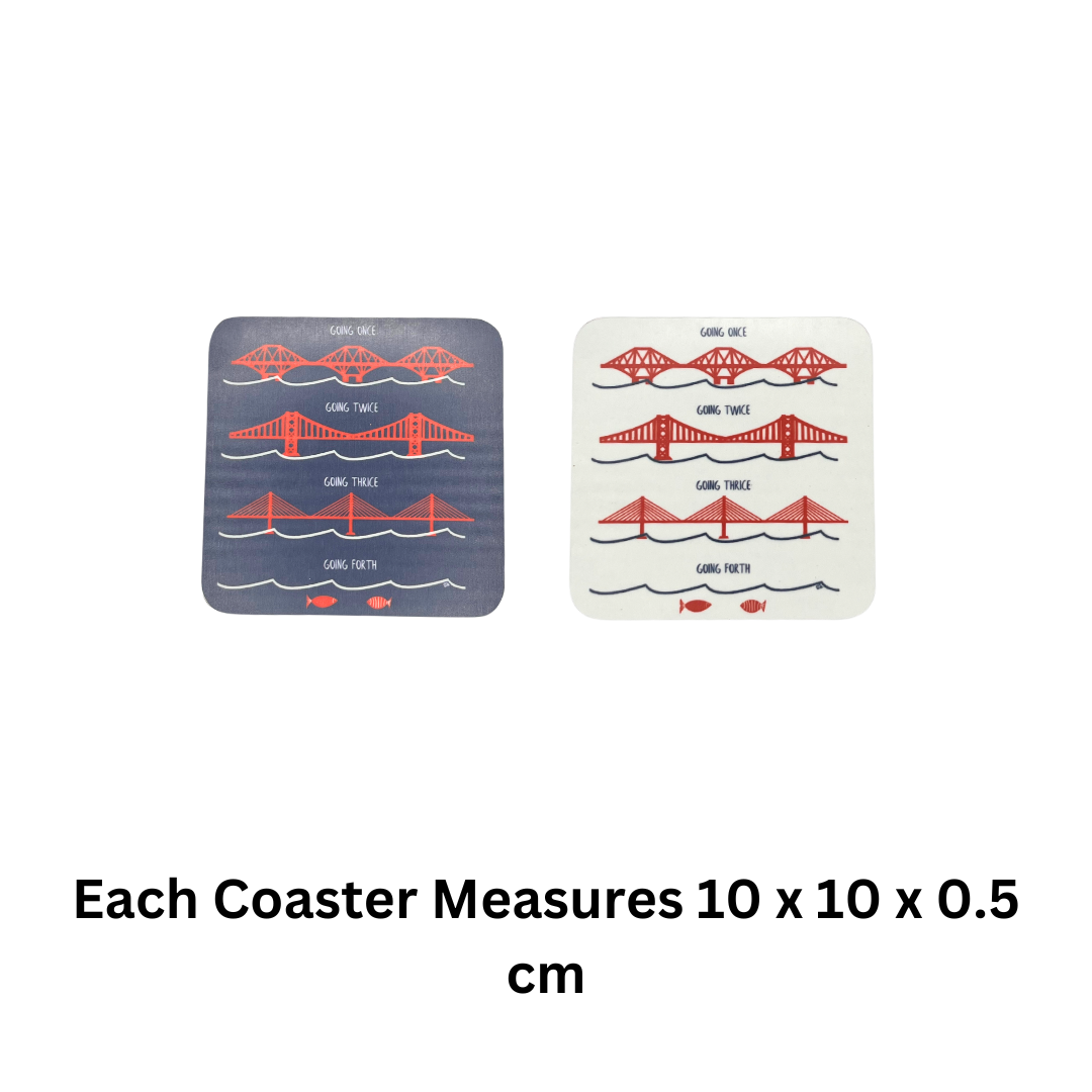 Forth Bridges, Scotland, Coasters (Set of 2) blue coaster and white coaster on white background with text which reads "Each Coaster Measures 10 x 10 x 0.5 cm"