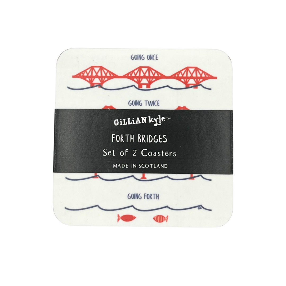 Forth Bridges, Scotland, Coasters (Set of 2) packaged in paper sleeve on white background.