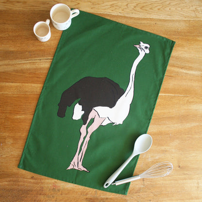 100% Cotton Green Ostrich Tea Towel - Detail Shot - Colourful Close-up